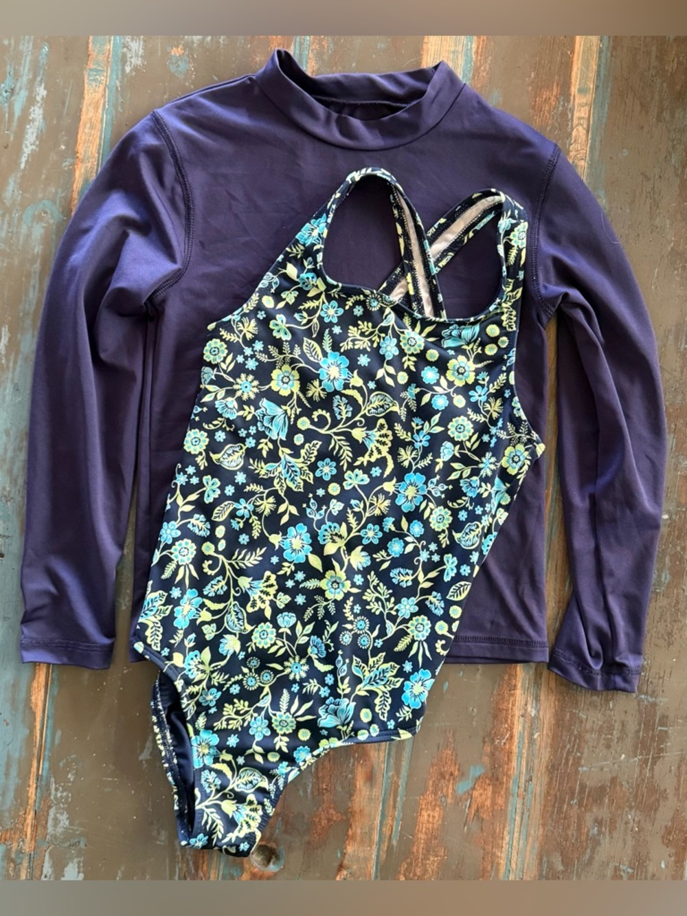 Lands End Navy Floral One-Piece Swimsuit with C&J Navy Rash Guard 6 7